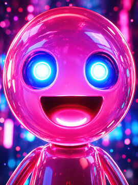 Cute glowing pink robot character with bright blue eyes digital art