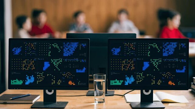 Focused view of analytics software displaying school population health risk scores on computer screens highlighting potential intervention areas with a blurred classroom in the