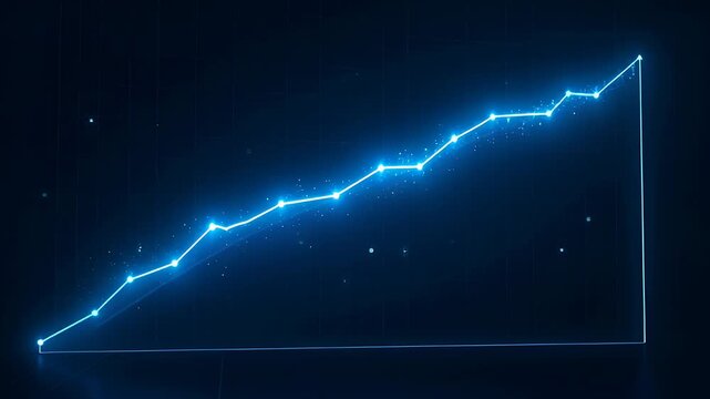 Glowing blue line graph showing upward growth trend with data points and particles on a dark black background, 3 d render