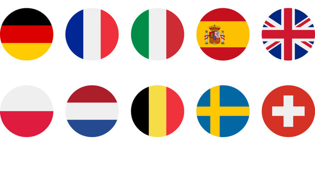 European Flags Circular Icon Vector Collection Germany France Italy Spain UK Poland Netherlands Belgium Sweden Switzerland Stock Illustration Download