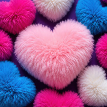 Colorful fluffy heart shaped pom pom balls on a dark purple background