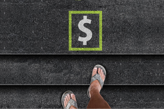 Climbing Toward Financial Freedom . Poor Person in Worn Slippers Ascending Stairs to a Dollar Sign. A symbolic image of overcoming poverty through determination and the pursuit of financial success.