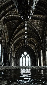Stone ceiling dripping water drops in dark ancient gothic architecture with arched windows and window reflection creating mysterious atmosphere arch