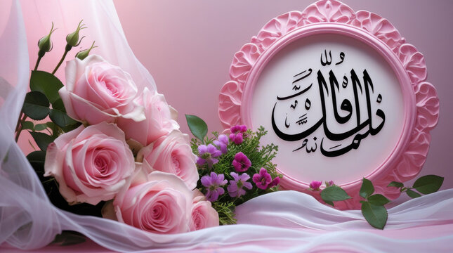 Pink rose bouquet with elegant vintage frame on a soft light background