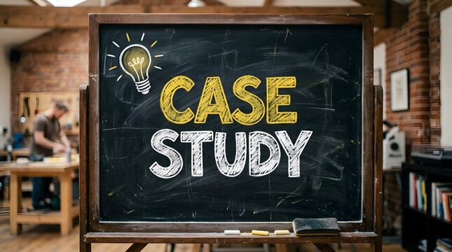 Chalkboard with case study text and lightbulb drawing in office with lightbulb sketch workspace blackboard case brainstorming informative with inspiration