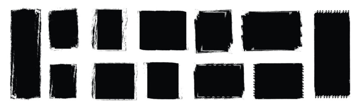 Set of rectangular grunge template backgrounds. Ink box frames, textured paint splatter borders, rough hand drawn vector elements for graphic design. Vector illustration. EPS 10