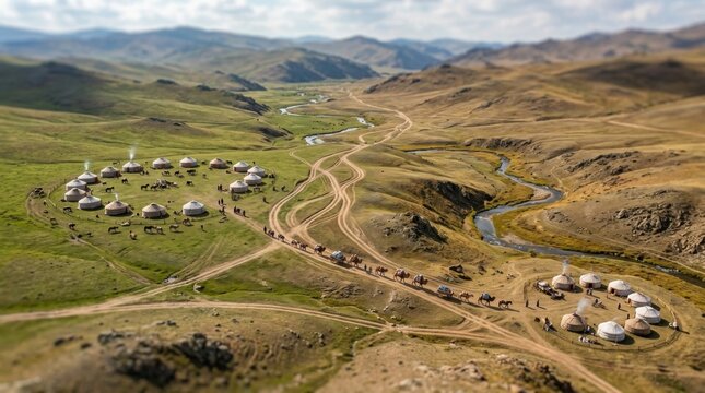 Colossal grid arrangement layout of traditional nomadic circular tents village situated inside vast remote valley plain