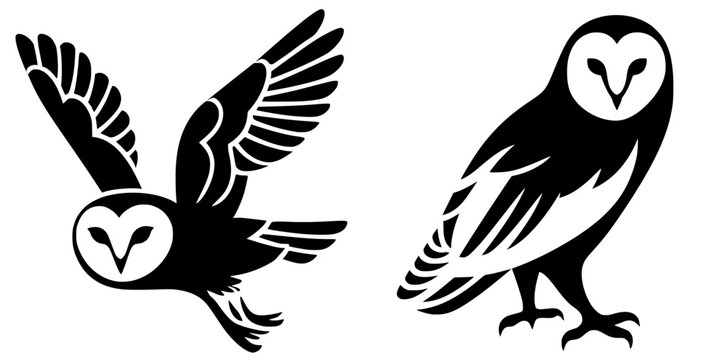 Black silhouettes of two barn owls, one flying and one standing, symbolizing wisdom, mystery, and nocturnal nature in bold vector art.