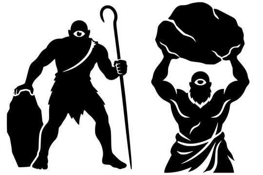 Black silhouettes of two cyclopes, mythological one‑eyed giants, symbolizing strength, legend, and ancient Greek mythology in bold vector art.