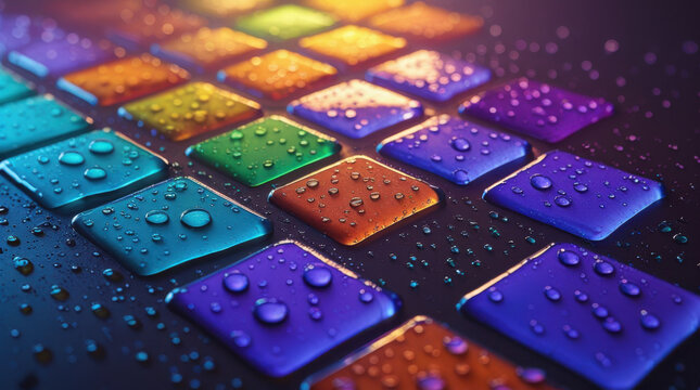 Colorful square tiles with water drops on a dark textured background