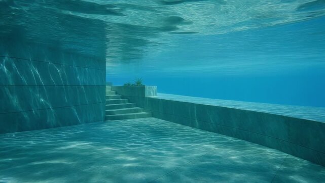 Underwater view of an empty swimming pool with tiled steps and walls
