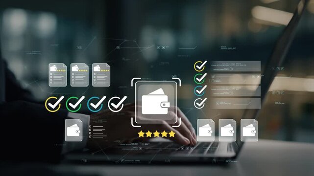 Enterprise fintech platform with animated wallet icon, financial workflow documents, digital budgeting dashboard, money management analytics and business finance technology