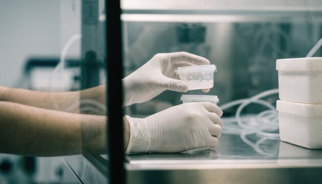 A gloved hand holding a container under a laboratory hood, performing a sterile procedure with scientific equipment and tubing visible.