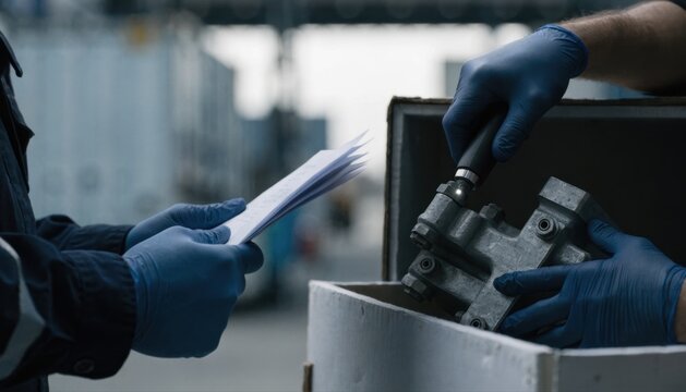 Two workers wearing blue gloves inspect and handle a metal mechanical part in an industrial setting.