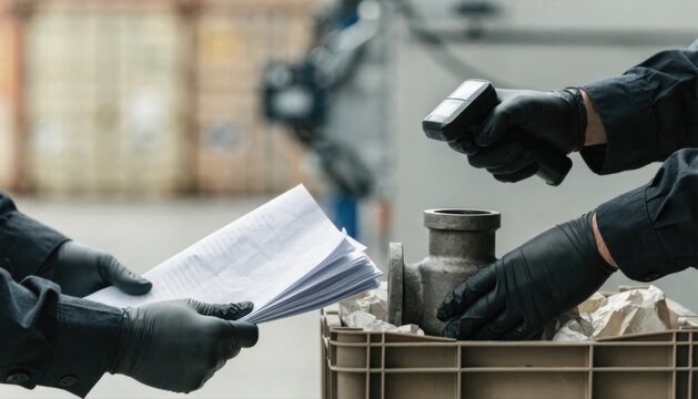 Two workers wearing black gloves scan and inspect a metal part while holding documents in an industrial setting.