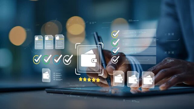 Black businessman using digital wallet platform with animated financial management icon, budgeting dashboard, wealth planning, fintech analytics and modern business finance technology