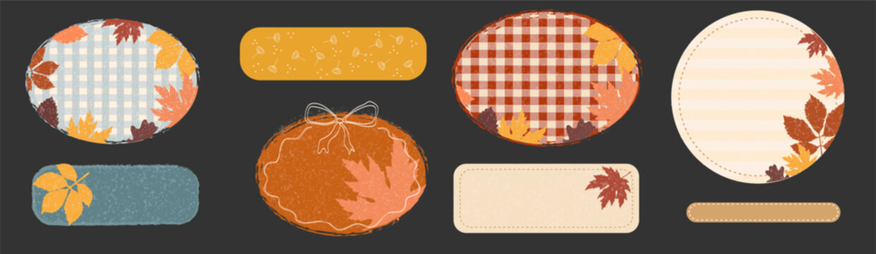 Autumn labels and gift tags vector set. Horizontal collection of rustic hand-drawn textured badges for fall wedding place cards, Thanksgiving table decor, and product packaging.