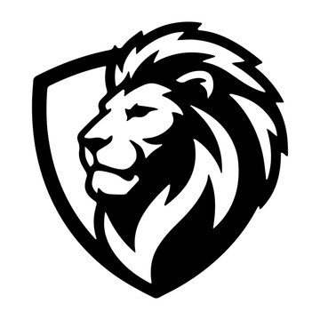 A black and white vector illustration of a roaring lion head in profile with an open mouth showing sharp fangs and a thick mane, isolated on a white background.