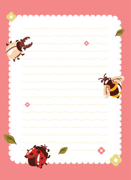 Cute insect stationery set featuring lined background with cartoon bugs