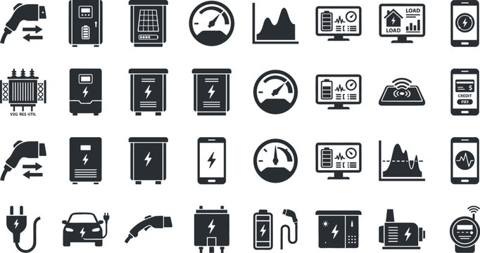 Electric Vehicle Charging Infrastructure and Smart Energy Grid Vector Icon Set Featuring EV Stations, Battery Storage, Power Cables, Digital Dashboards, and Mobile Management Apps