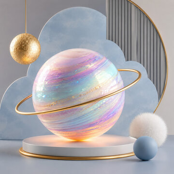 Holographic planet with golden rings on a modern pedestal display isolated on white background