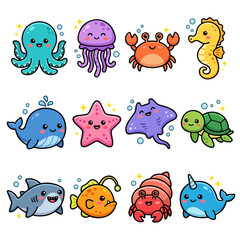 Fototapeta premium Cute colorful cartoon sea animals collection with bubbles and sparkles.
