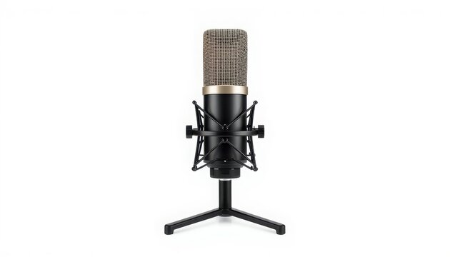 Professional studio condenser microphone with shock mount on stand isolated on white background studio gear high quality voice recording audio production musical instrument