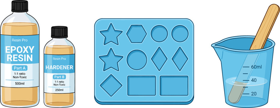 Epoxy Resin Craft Supplies Vector Illustration Set Featuring Liquid Resin and Hardener Bottles, Blue Silicone Geometric Mold, and Beaker Measuring Cup