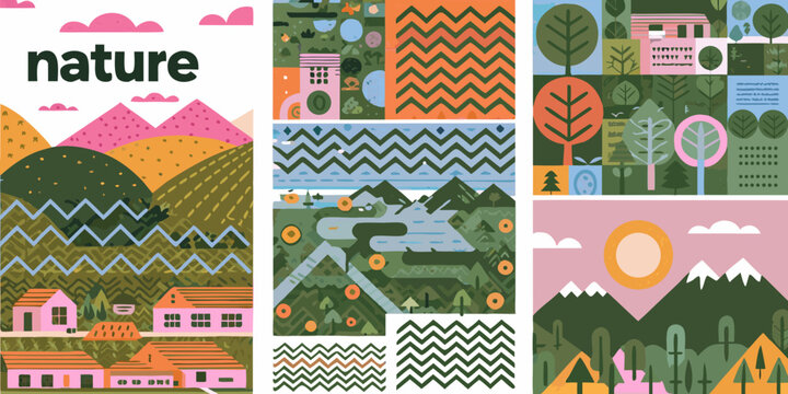 nature collage with geometric patterns and colorful landscapes mountains trees houses clouds vector illustration minimalist design artwork environment outdoor scene graphic elements shapes