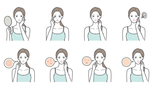 女性の肌トラブルと肌の悩みのイラスト8点セット（乾燥・ニキビ・シミ・毛穴・クマ・赤み）