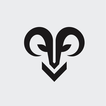 Minimalist black ram head logo with curved horns and a downward arrow design on a light grey background, representing strength and direction.