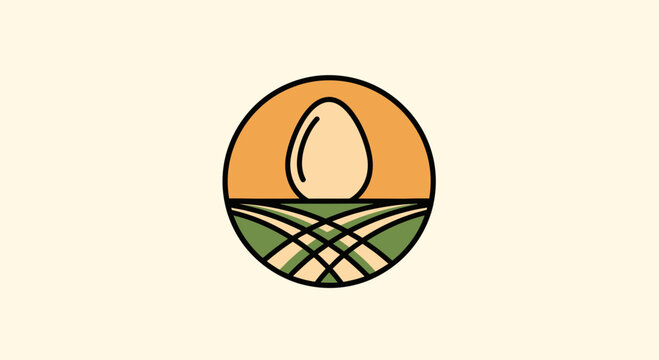 Minimalist Egg Logo Design In a Circle Symbolizing Fresh Organic Farm Eggs And Fields