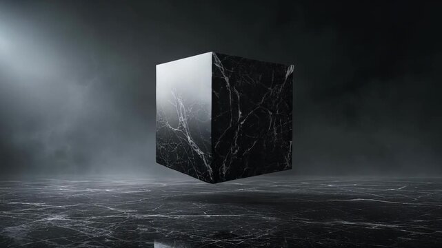 Floating black marble cube with white veins in a dark smoky environment