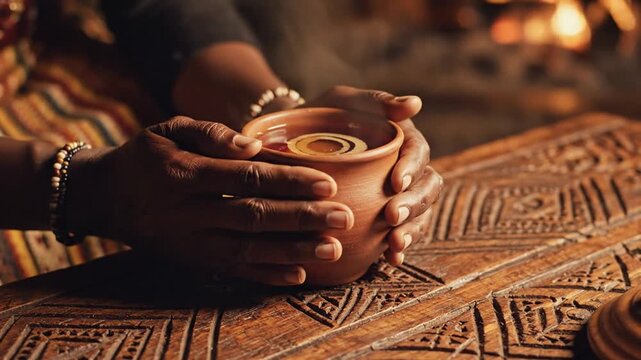 Hands Holding Clay Cup with Liquid.