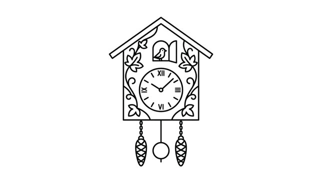 Traditional cuckoo clock with pendulum and bird design. Hand-drawn vintage wall timepiece featuring ornate carvings and animated figurine.