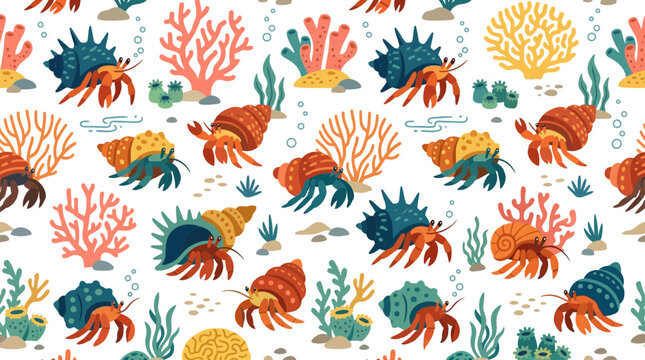 Seamless pattern of colorful hermit crabs and coral reefs
