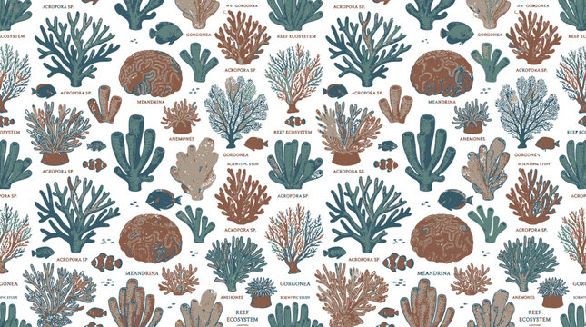 Hand drawn vintage coral reef and fish seamless pattern