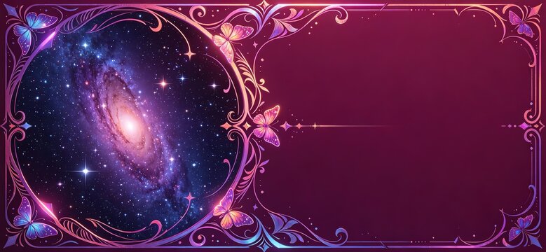 Decorative Ornate Frame Purple Galaxy Luminous Butterflies Elegant Background 4K