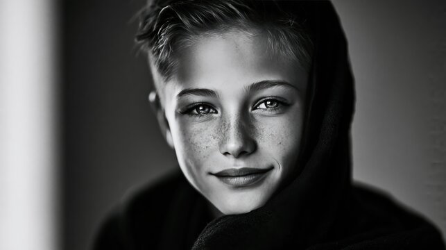 black and white with a realistic and cinamatic composition, of a young buddha style boy 12 years old very smily and in love, he is an angel funny very wise,
