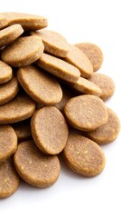 Obraz premium A pile of round brown dog food kibbles on a white background