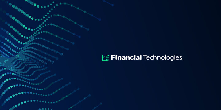 financial technologies logo on dark blue background glowing green dots lines abstract pattern technology finance fintech branding identity graphic design vector illustration modern