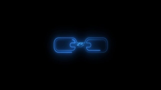 Glowing neon blue chain link connection animation, cyber network link symbol for digital connectivity and technology concept on black background, 4K motion graphic