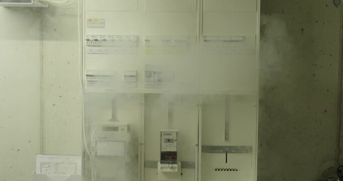 Smoke rises from an electrical fuse box, indicating a potential electrical fault, overheating, or fire hazard requiring immediate attention.