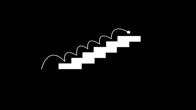 animated bouncing ball climbing stairs icon on black background for progress, success, growth and achievement concepts