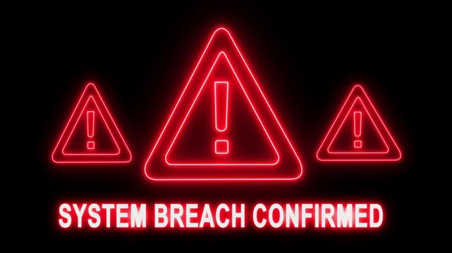 System breach confirmed alert with glowing red warning triangles and digital security threat notification for cybersecurity and data protection concepts