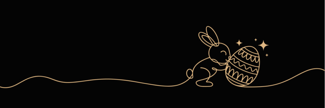 Minimal One Line Easter Bunny Hugging Decorative Egg on Black Background with Copy Space