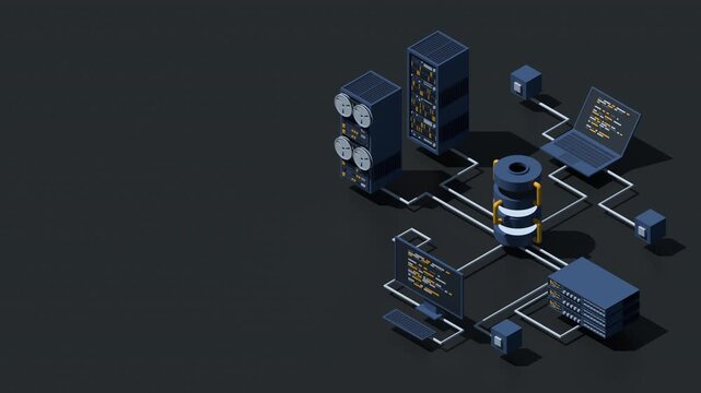 3D isometric modern cloud database and networking animation. Computer service technology. Supercomputer. Isometric technology. 4K video animated in isometric style