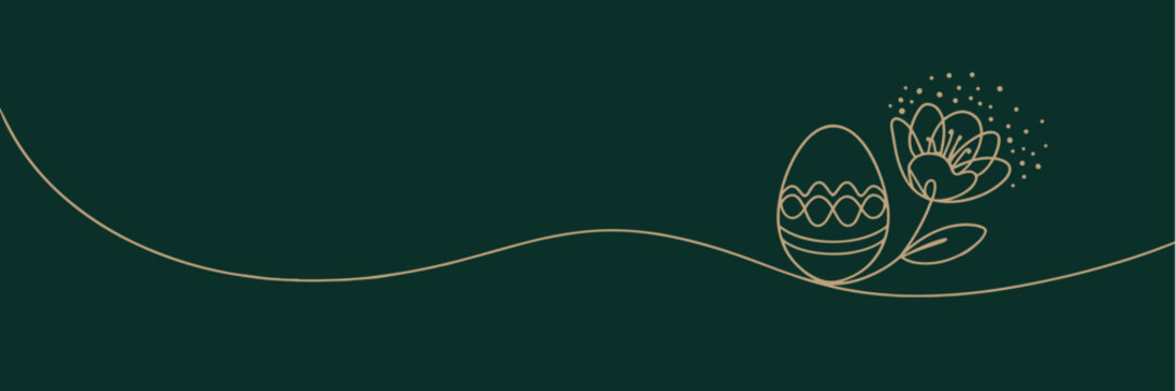 Minimal One Line Easter Egg with Blooming Spring Flower on Green Background and Copy Space