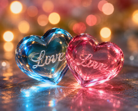Two sparkling crystal hearts with love text isolated on white background