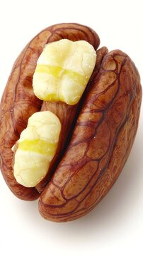 A close-up photo of a pecan nut with its shell cracked open